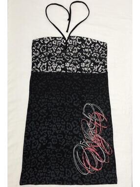 Y2K Oxygen Black Silver Leopard Print Sleeveless Mini Dress Halter Neck Sz S Emo